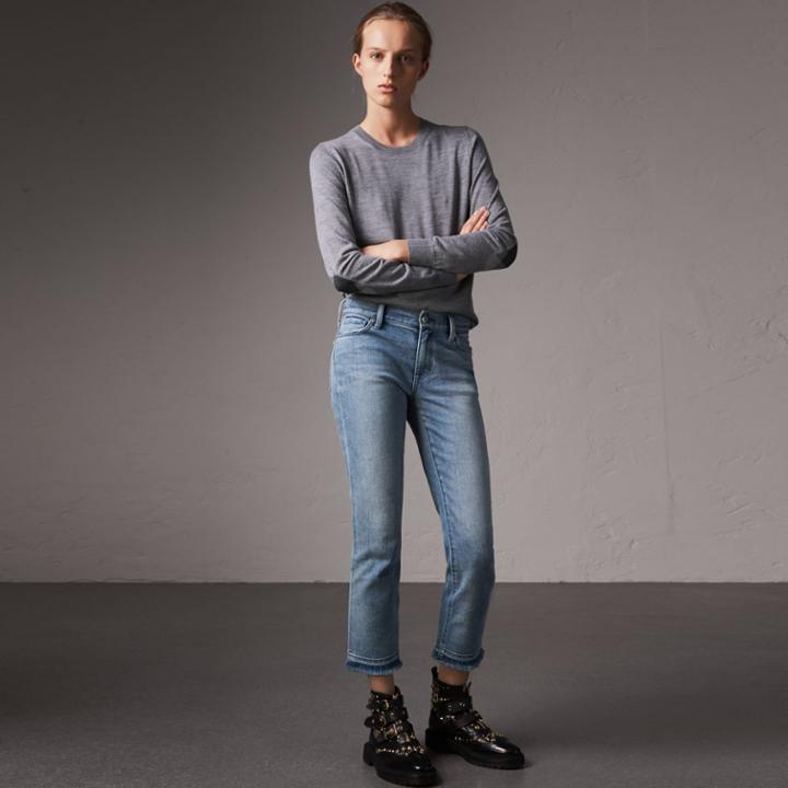 Burberry Burberry Check Detail Merino Wool Crew Neck Sweater, Grey