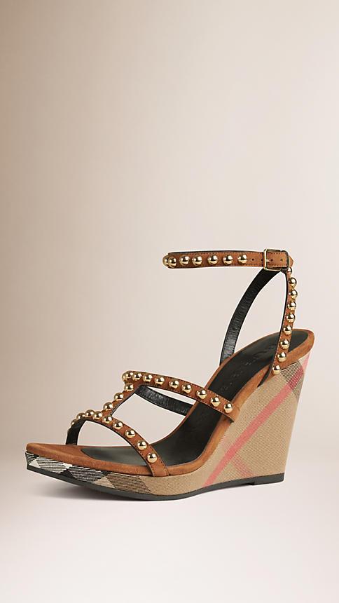 Burberry Studded House Check And Leather Platform Wedges