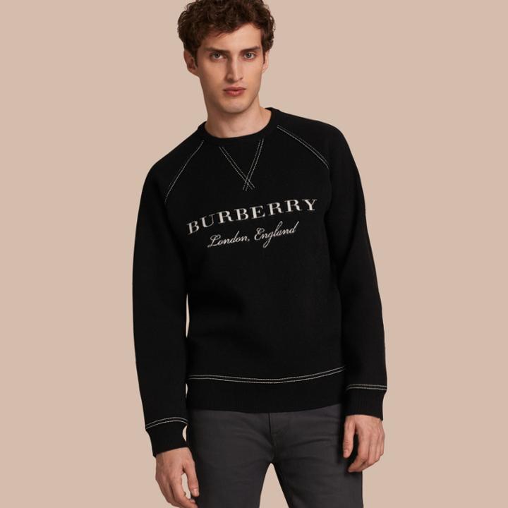 Burberry Burberry Topstitch Detail Wool Cashmere Blend Sweatshirt, Size: Xxl, Black
