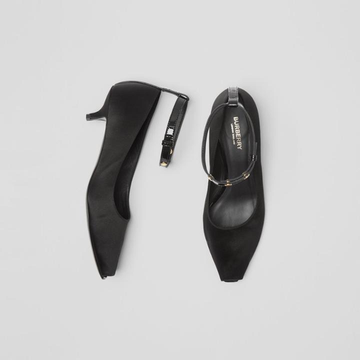 Burberry Burberry Satin Peep-toe Kitten-heel Pumps, Size: 37.5, Black