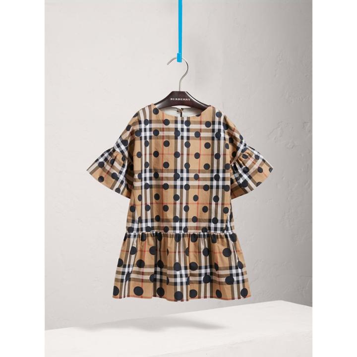 Burberry Burberry Gathered Polka-dot Check Cotton Dress, Size: 7y, Blue