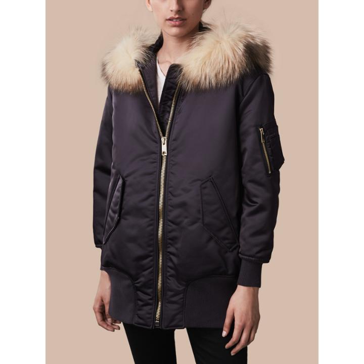 Burberry Burberry Longline Bomber Jacket With Fur-trimmed Hood, Size: Xs, Grey