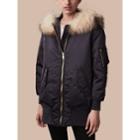 Burberry Burberry Longline Bomber Jacket With Fur-trimmed Hood, Size: Xs, Grey