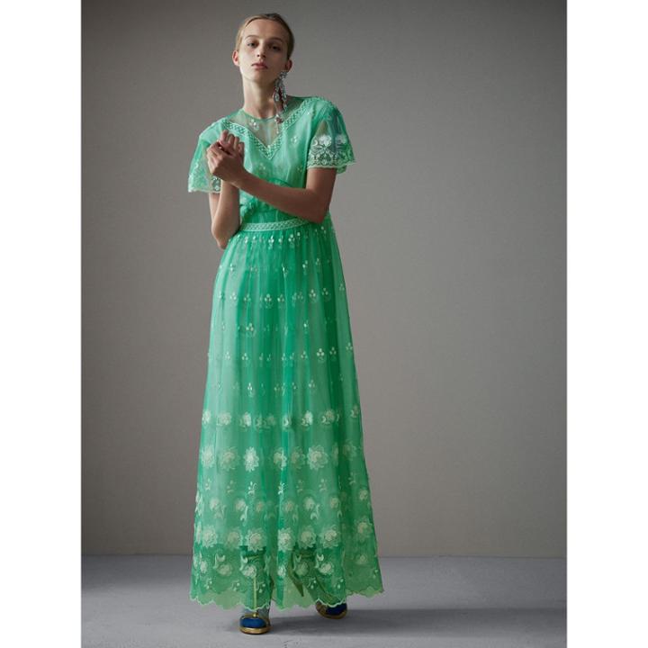 Burberry Burberry Embroidered Tulle Gathered Dress, Size: 06, Green