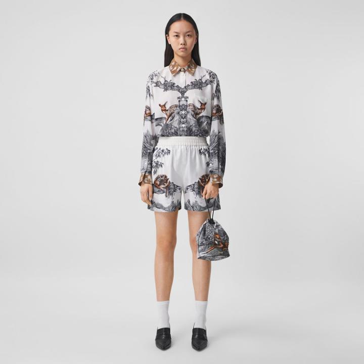 Burberry Burberry Deer Sketch Print Silk Oversized Shirt, Size: 12