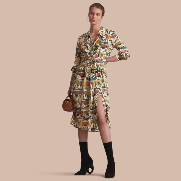 Burberry Burberry Silk Wrap Trench Dress With Reclining Figures Print, Size: 04, Blue