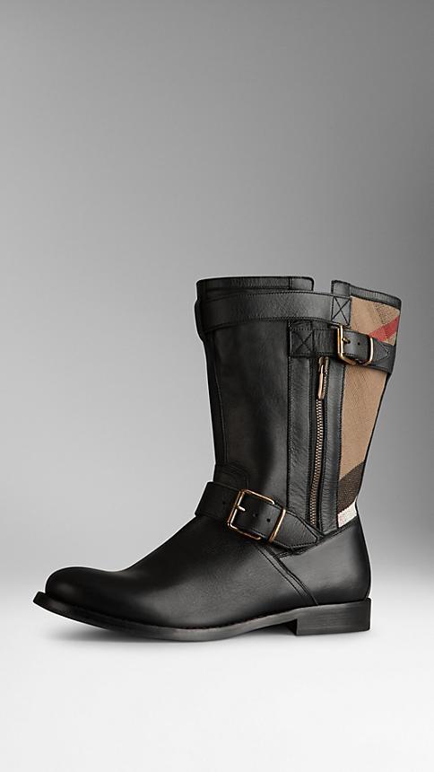 Burberry Check Detail Belted Leather Boots
