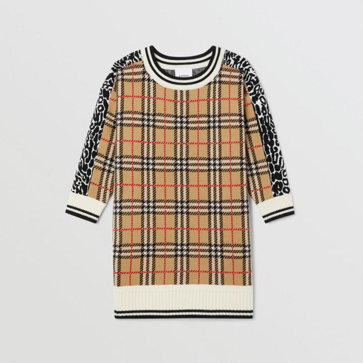 Burberry Burberry Childrens Check And Leopard Merino Wool Sweater Dress, Size: 12y, Orange
