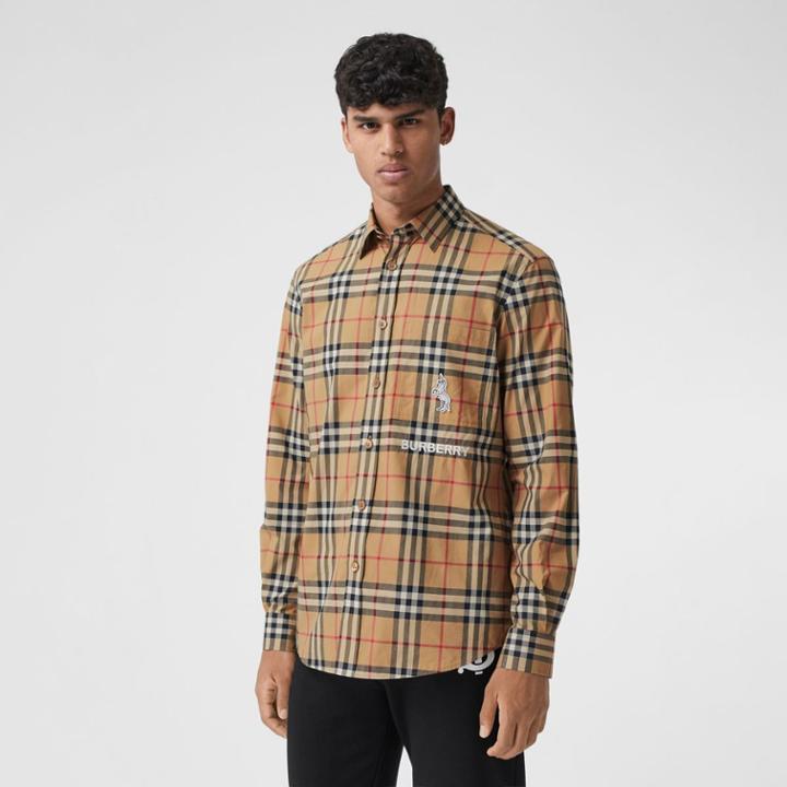 Burberry Burberry Classic Fit Zebra Appliqu Check Cotton Shirt, Size: M, Beige