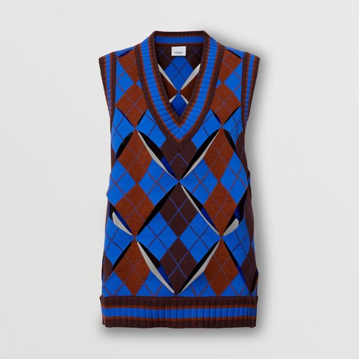 Burberry Burberry Cut-out Detail Argyle Technical Wool Jacquard Vest, Blue