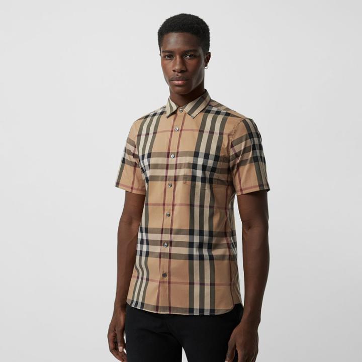 Burberry Burberry Short-sleeved Check Stretch Cotton Shirt, Brown