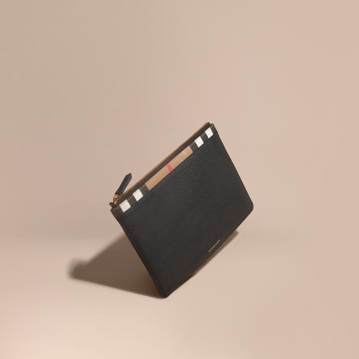 Burberry Burberry Zipped Grainy Leather And House Check Pouch, Black