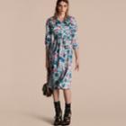 Burberry Burberry Watercolour Rose Print Cotton Silk Trench Dress, Size: 08, Blue
