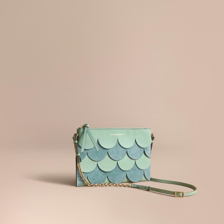 Burberry Burberry Two-tone Scalloped Leather And Suede Clutch Bag, Green