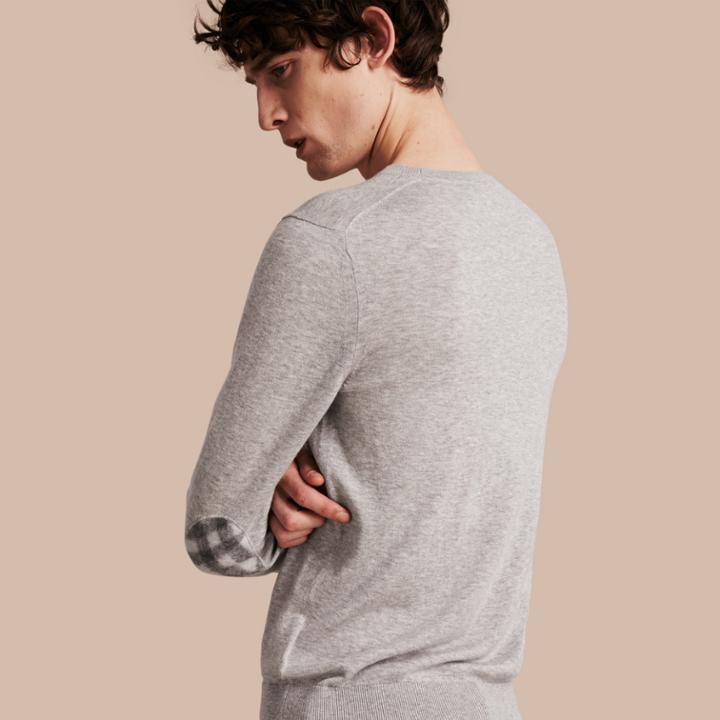Burberry Burberry Check Trim Cashmere Cotton Sweater, Grey