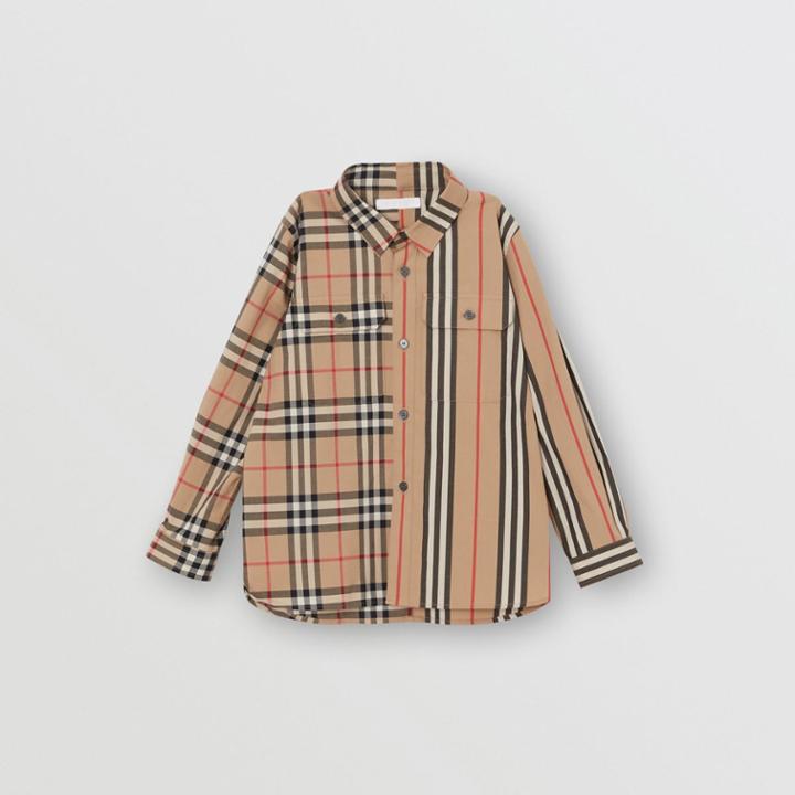 Burberry Burberry Childrens Panelled Vintage Check And Icon Stripe Cotton Shirt, Size: 8y, Beige