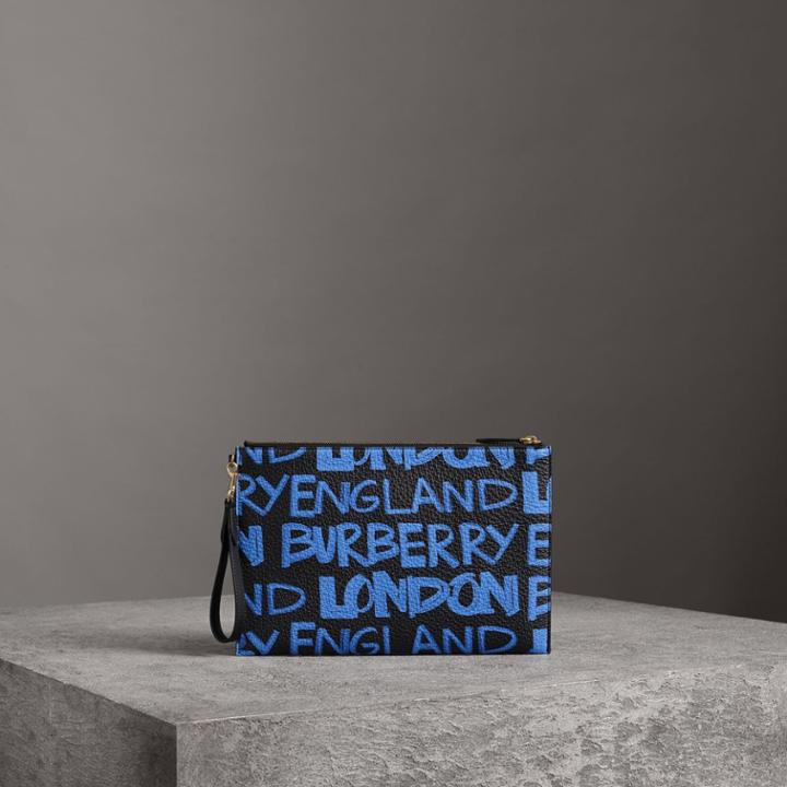Burberry Burberry Graffiti Print Leather Zip Pouch, Blue