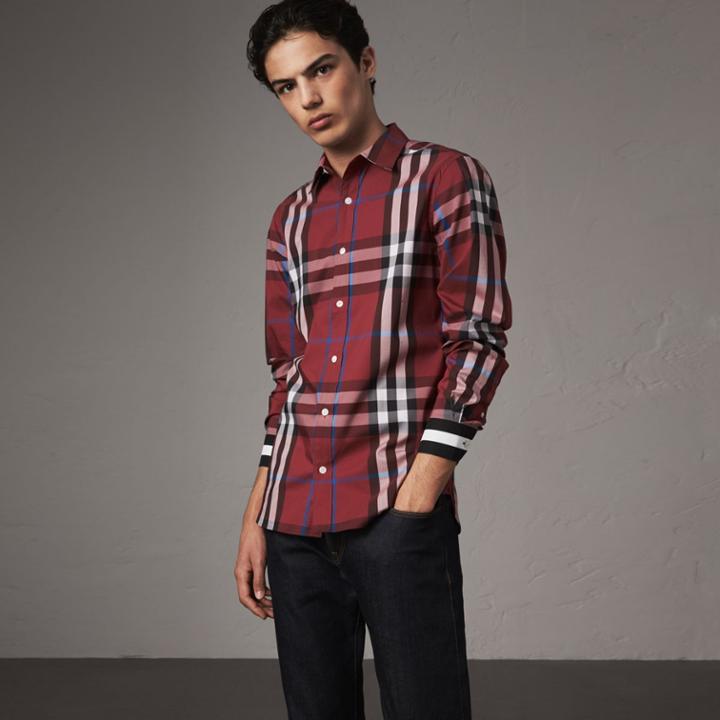 Burberry Burberry Striped Cuff Check Cotton Blend Shirt, Size: Xl, Red