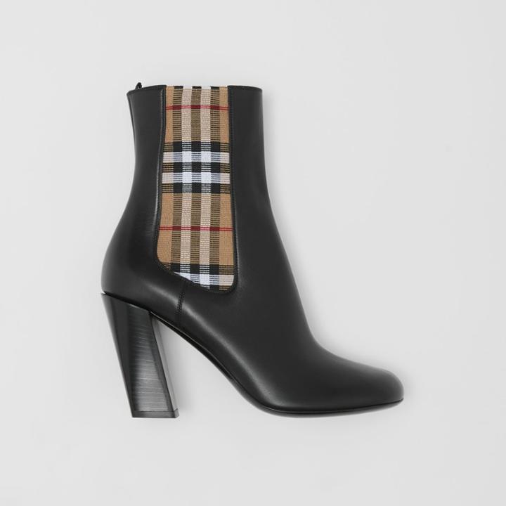 Burberry Burberry Vintage Check Detail Leather Ankle Boots, Size: 38, Black
