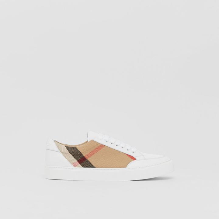 Burberry Burberry House Check And Leather Sneakers, Size: 35, White