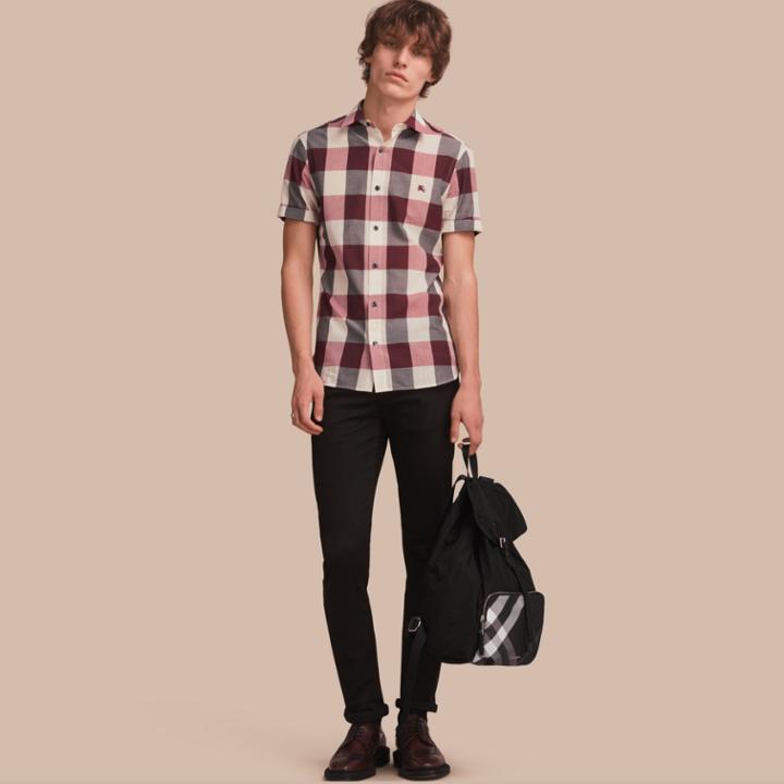 Burberry Burberry Short-sleeved Exploded Gingham Cotton Linen Shirt, Pink