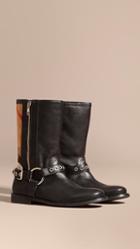 Burberry Buckle Detail Leather And Canvas Check Boots