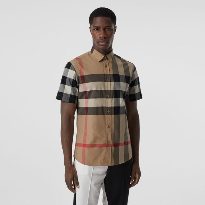 Burberry Burberry Short-sleeve Check Stretch Cotton Poplin Shirt, Beige