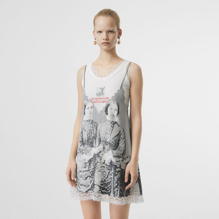 Burberry Burberry Lace Detail Victorian Portrait Print Silk Slip Dress, Size: 00, Grey
