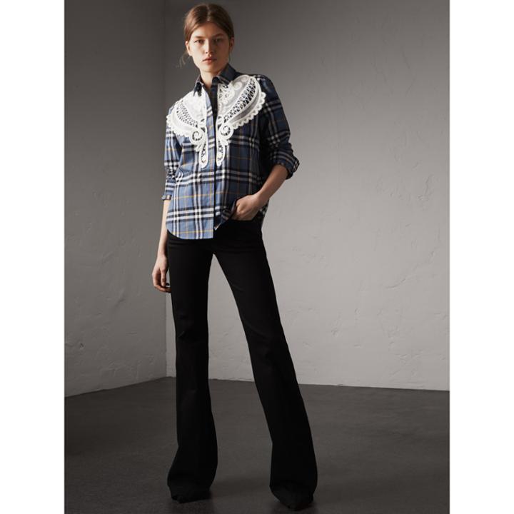 Burberry Burberry Lace Appliqu Check Cotton Shirt, Size: 00, Blue