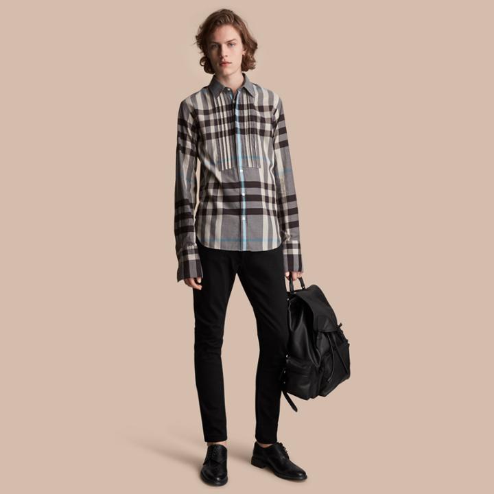 Burberry Burberry Double-cuff Pintuck Bib Check Cotton Shirt, Grey