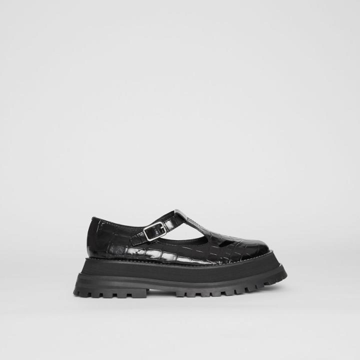 Burberry Burberry Embossed Leather T-bar Shoes, Size: 37, Black