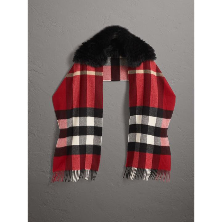 Burberry Burberry Fox Fur Trim Check Cashmere Scarf, Red