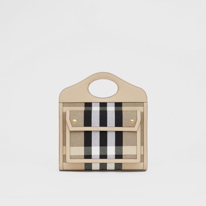 Burberry Burberry Mini Check Canvas And Leather Pocket Bag, Beige