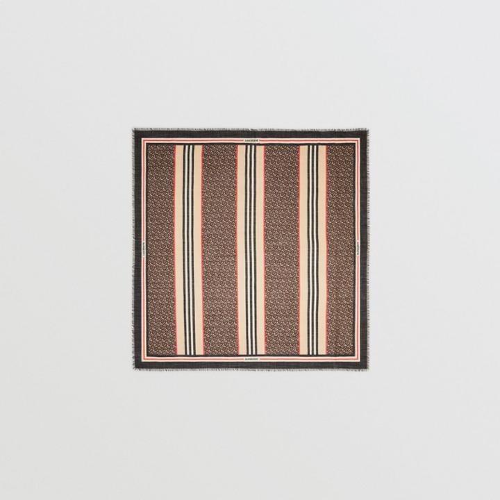 Burberry Burberry Icon Stripe Monogram Print Wool Silk Square Large Scarf, Brown