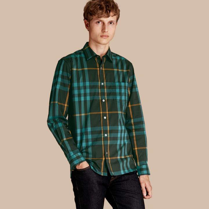 Burberry Burberry Check Stretch Cotton Shirt, Size: M, Blue