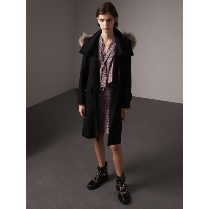 Burberry Burberry Hooded Wool Blend Coat With Detachable Fur Trim, Size: 04, Black