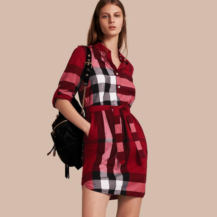 Burberry Burberry Check Cotton Shirt Dress, Size: 12, Red