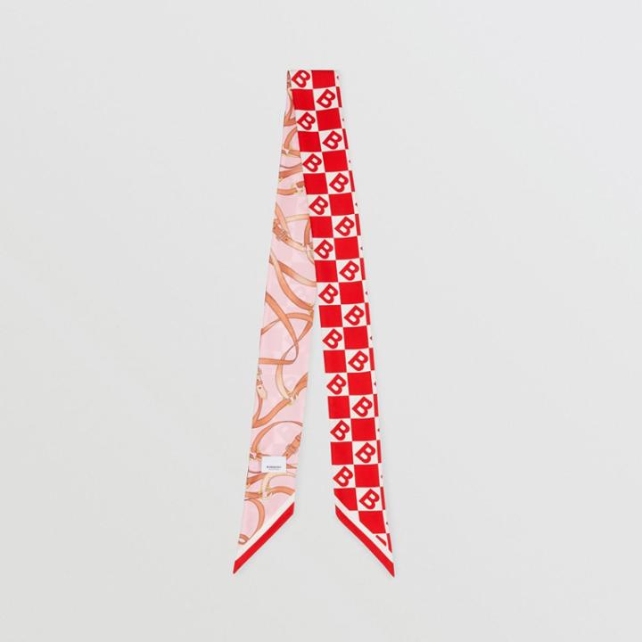 Burberry Burberry B Motif And Archive Scarf Print Silk Skinny Scarf, Red
