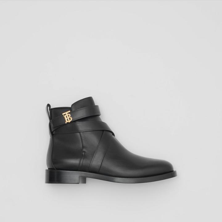 Burberry Burberry Monogram Motif Leather Ankle Boots, Size: 39.5, Black