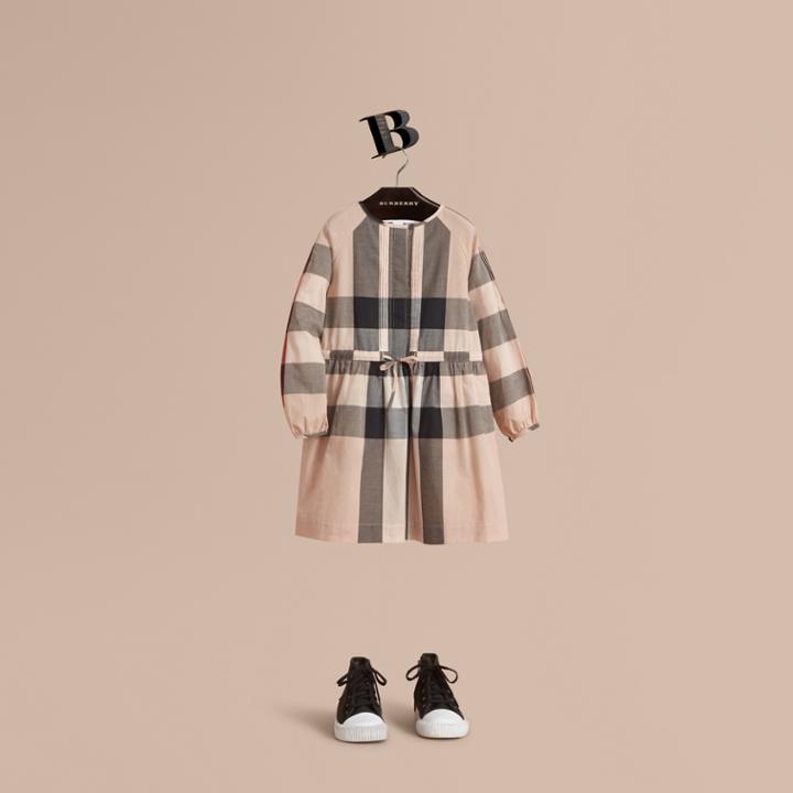 Burberry Burberry Collarless Check Drawcord Cotton Voile Dress, Size: 6y, Beige