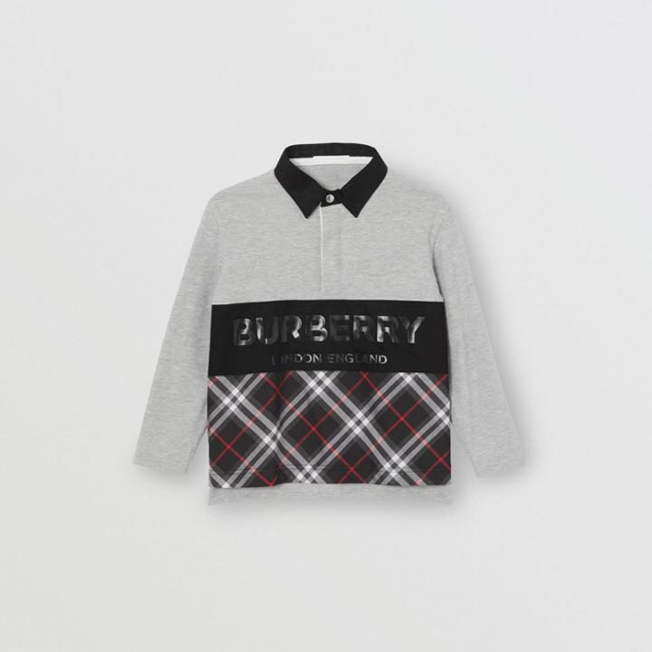 Burberry Burberry Childrens Long-sleeve Logo Print Check Panel Polo Shirt, Size: 14y, Grey