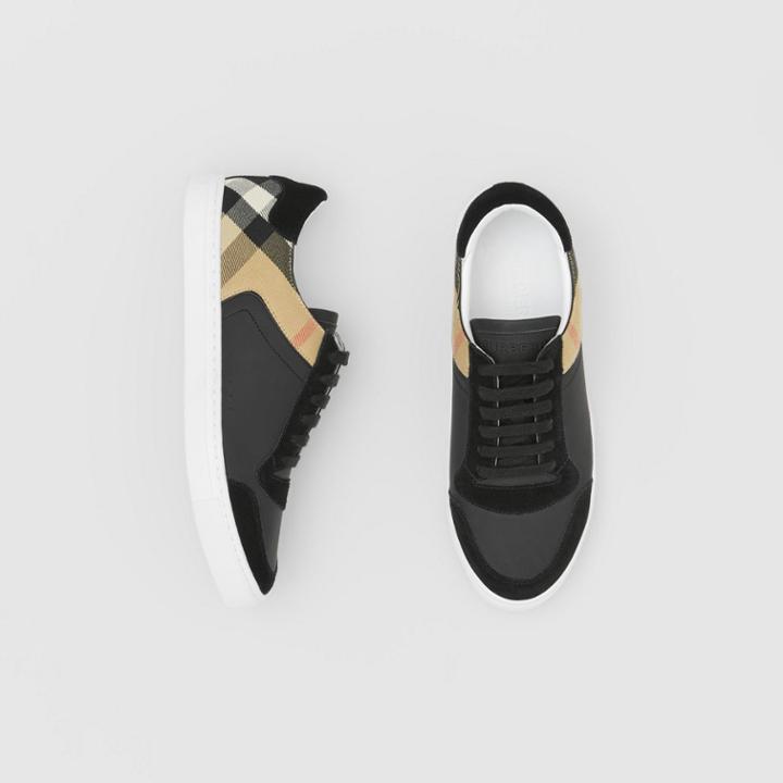 Burberry Burberry Leather, Suede And House Check Sneakers, Size: 42, Black