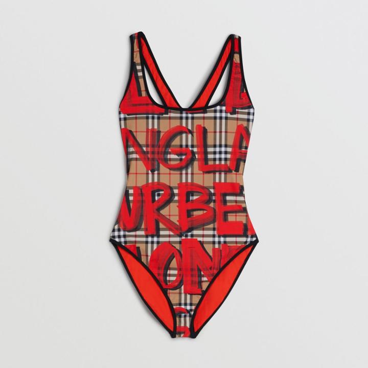 Burberry Burberry Graffiti Print Vintage Check Swimsuit, Red