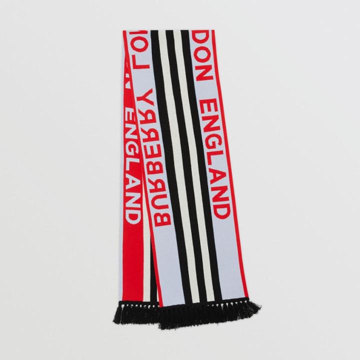 Burberry Burberry Logo And Icon Stripe Cashmere Jacquard Scarf, Blue