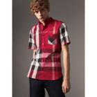 Burberry Burberry Short-sleeve Check Stretch Cotton Blend Shirt, Size: Xl, Red