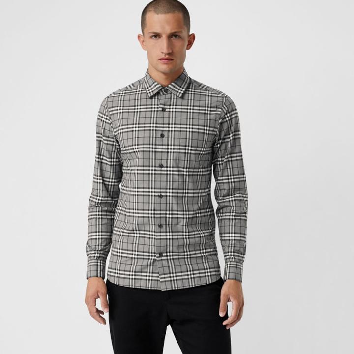Burberry Burberry Check Cotton Shirt, Size: L, Grey