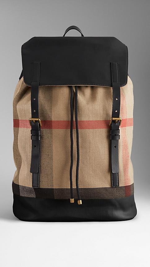 Burberry Canvas Check Leather Trim Backpack
