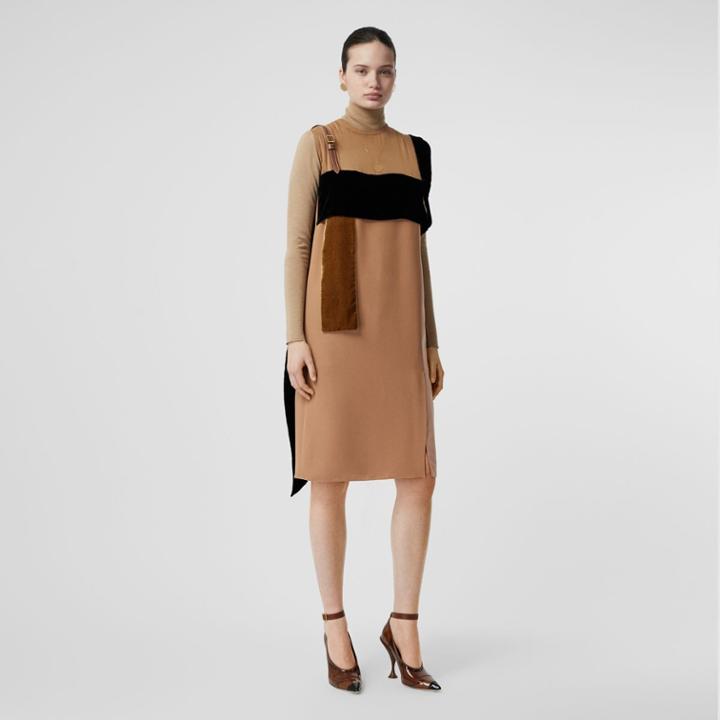 Burberry Burberry Strap Detail Panelled Silk And Velvet Dress, Size: 06, Biscuit