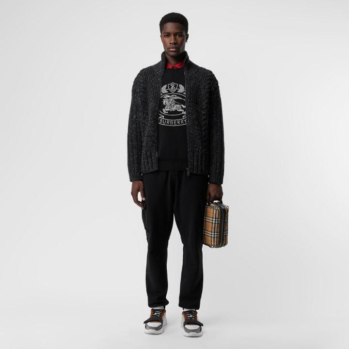 Burberry Burberry Cable Knit Cashmere Wool Mohair Zip-front Sweater, Black