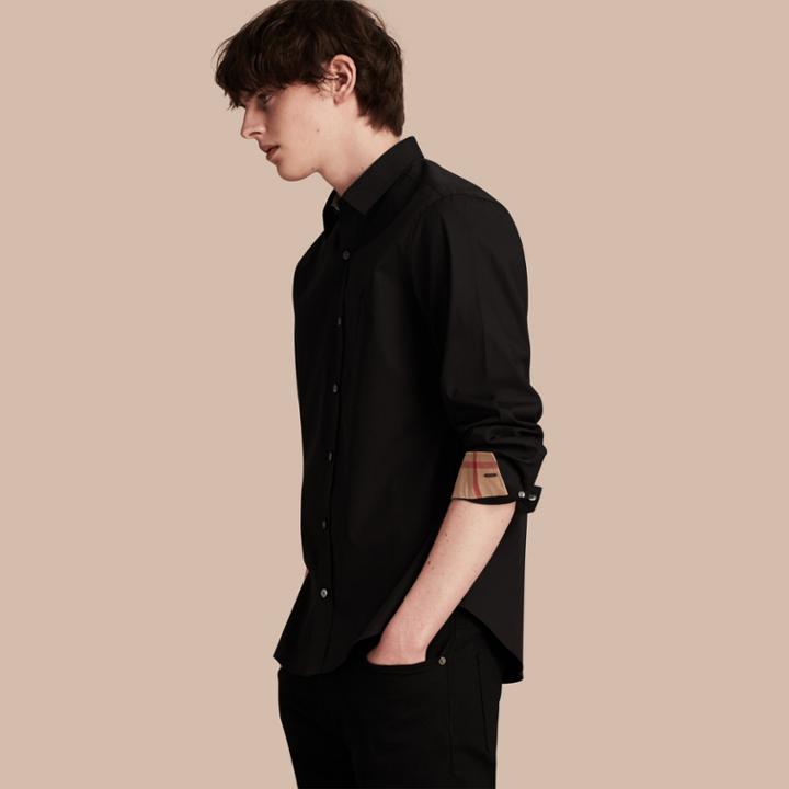 Burberry Burberry Check Detail Stretch Cotton Poplin Shirt, Size: M, Black
